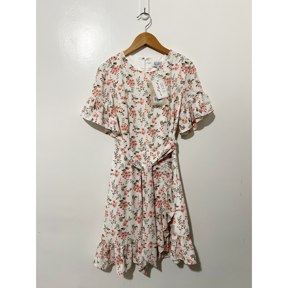 Sabo‎ Skirt Floral Romantic Ruffle Dress White Pink Short Sleeve Size Small NWT